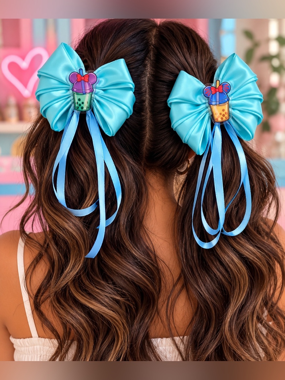 Aqua Satin Hair Bows with Minnie Bubble Tea Charms